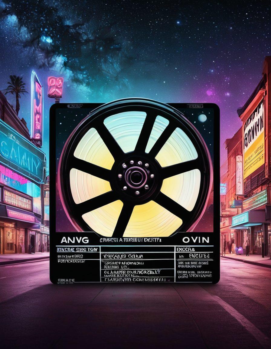 A dynamic collage featuring iconic elements of upcoming films, such as a film reel, a clapperboard, and posters of diverse genres fading in and out. Include a bustling cinema marquee highlighting 'Latest Insights' in bright neon colors. The background should be an artistic representation of a starry night sky, symbolizing limitless creativity. Emphasize excitement and anticipation through vibrant colors and modern design elements. cinematic, vibrant colors, digital art.