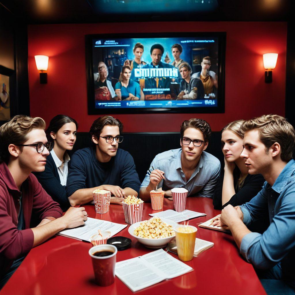 A cinematic scene featuring a diverse group of film critics enthusiastically discussing a blockbuster movie while a large screen displays movie trailers in the background. Include popcorn, drinks, and notebooks filled with notes on the table. The atmosphere is lively and dynamic, capturing the essence of film critique. The critics show a mix of expressions ranging from excitement to contemplation. vibrant colors. cinematic style. hyper-realistic.