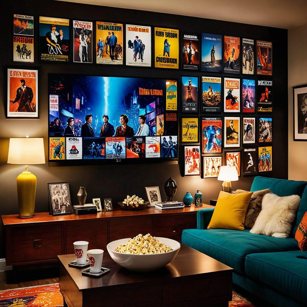A cinematic scene featuring a cozy living room setup, with a large screen displaying a vibrant movie scene. Include a bowl of popcorn on a coffee table and a plush couch with a glowing remote control. Surround the room with shelves of classic movie posters and film memorabilia. Imagery should evoke warmth and excitement, inviting viewers to dive into the world of streaming. super-realistic. vibrant colors. cozy atmosphere.